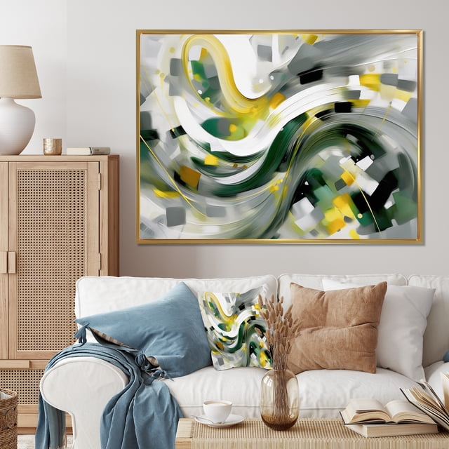 Designart Abstract framed wall art Print, Abstracted Perspectives in Yellow and Green I , Abstract Large framed wall art decor, Yellow Modern Gold framed wall art, 44x34 inches Gold Frame
