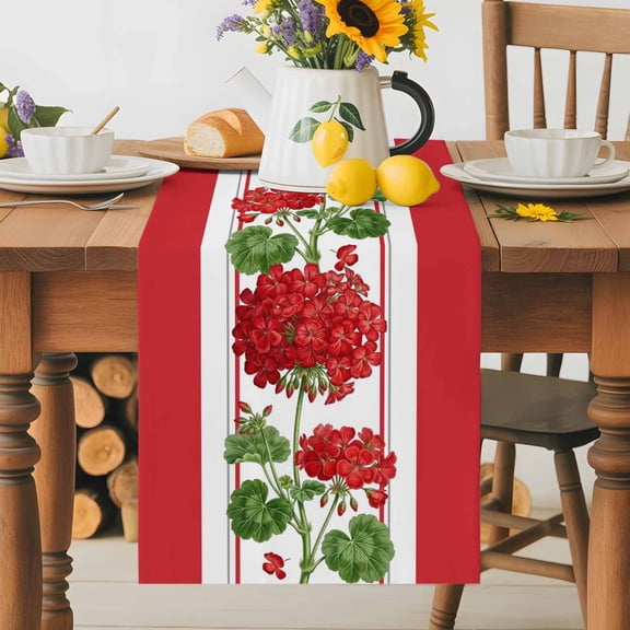 Kitchen Table Runner 36 Inches Long, Spring Summer Flowers Geranium Cotton Linen Table Runners for Dining Tables Home Holiday Party Wedding, Red Geometric Striped Tabletop Scarf