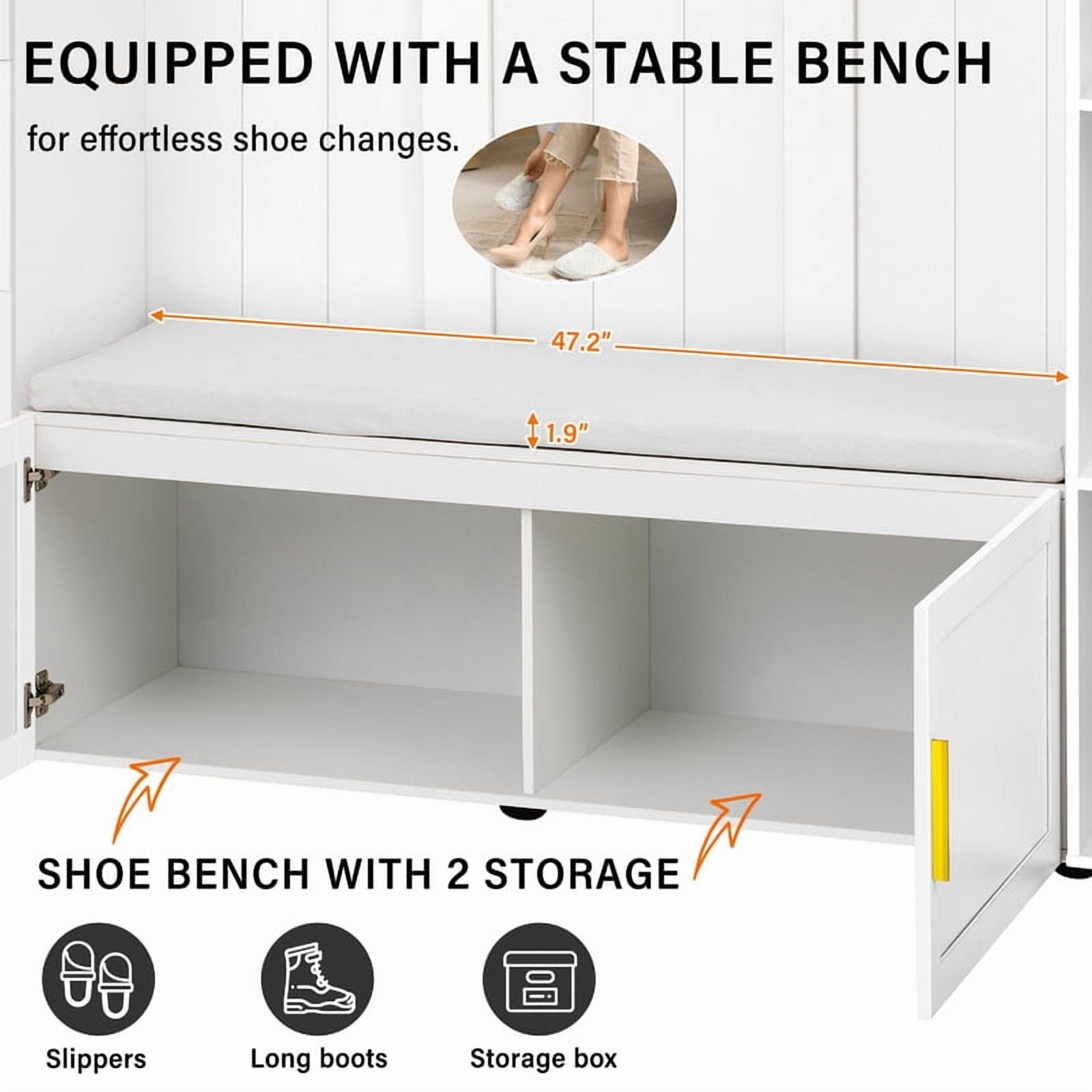 4-in-1 Large Hall Tree with Padded Shoe Bench, Storage Wardrobe Organizer Unit with Cabinets, Hooks, Drawers and Adjustable Shelves