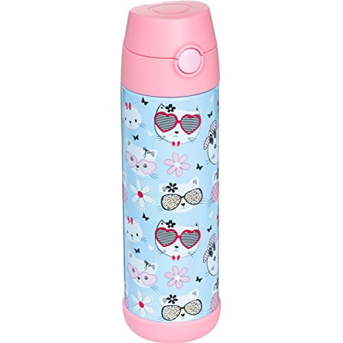 Snug Kids Water Bottle - insulated stainless steel thermos with straw (Girls/Boys) - Kitty, 17oz