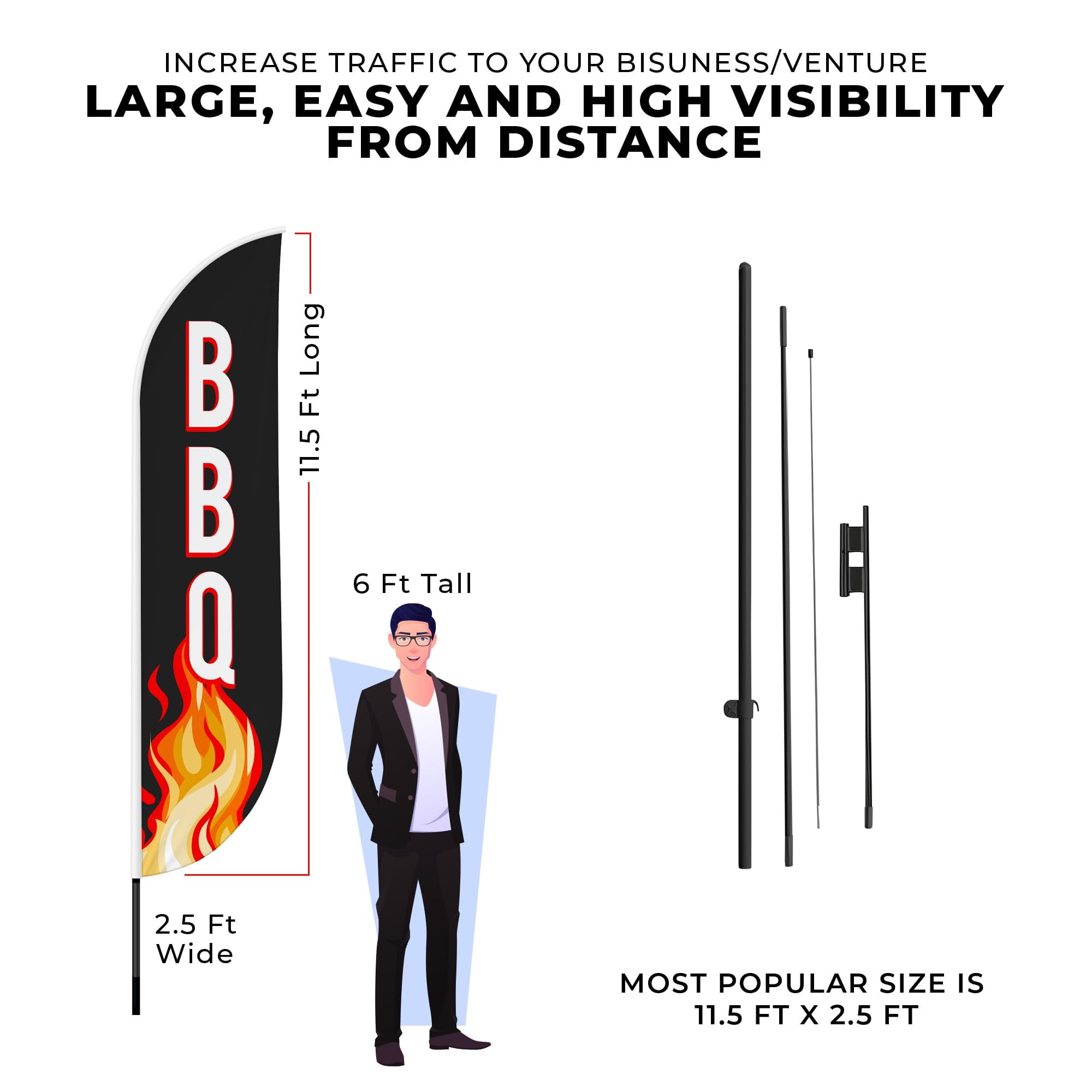 BBQ Feather Flag(11.5feetX2.5feet) by DreamController | Outdoor Business Advertising Tall Flag | Weather-Resistant Knitted Swooper Flag | Made in USA | HD Print (Flag Only)