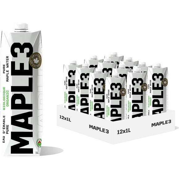 Maple Eau d'Érable Biologique 3, Hydratation 100% Naturelle, Provenant Directement d'Un Arbre, 1 Ingrédient (Sève d'Érable), 46 Composés Bioactifs Essentiels, Emballage Écologique, Origine Durable, Pack de 12x1L