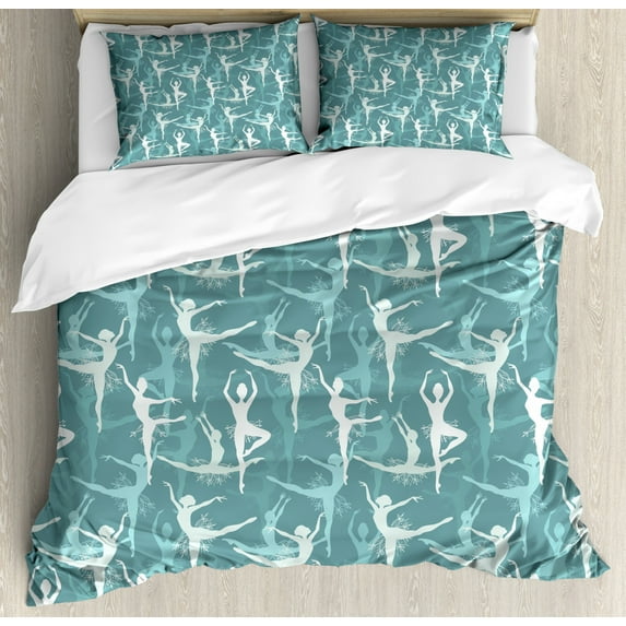 Classic Duvet Cover Set King Size, Dancing Silhouette of Ballerinas Woman Body Performing Dancers Modern Art Deco, Decorative 3 Piece Bedding Set with 2 Pillow Shams, Teal Seafoam, by Ambesonne