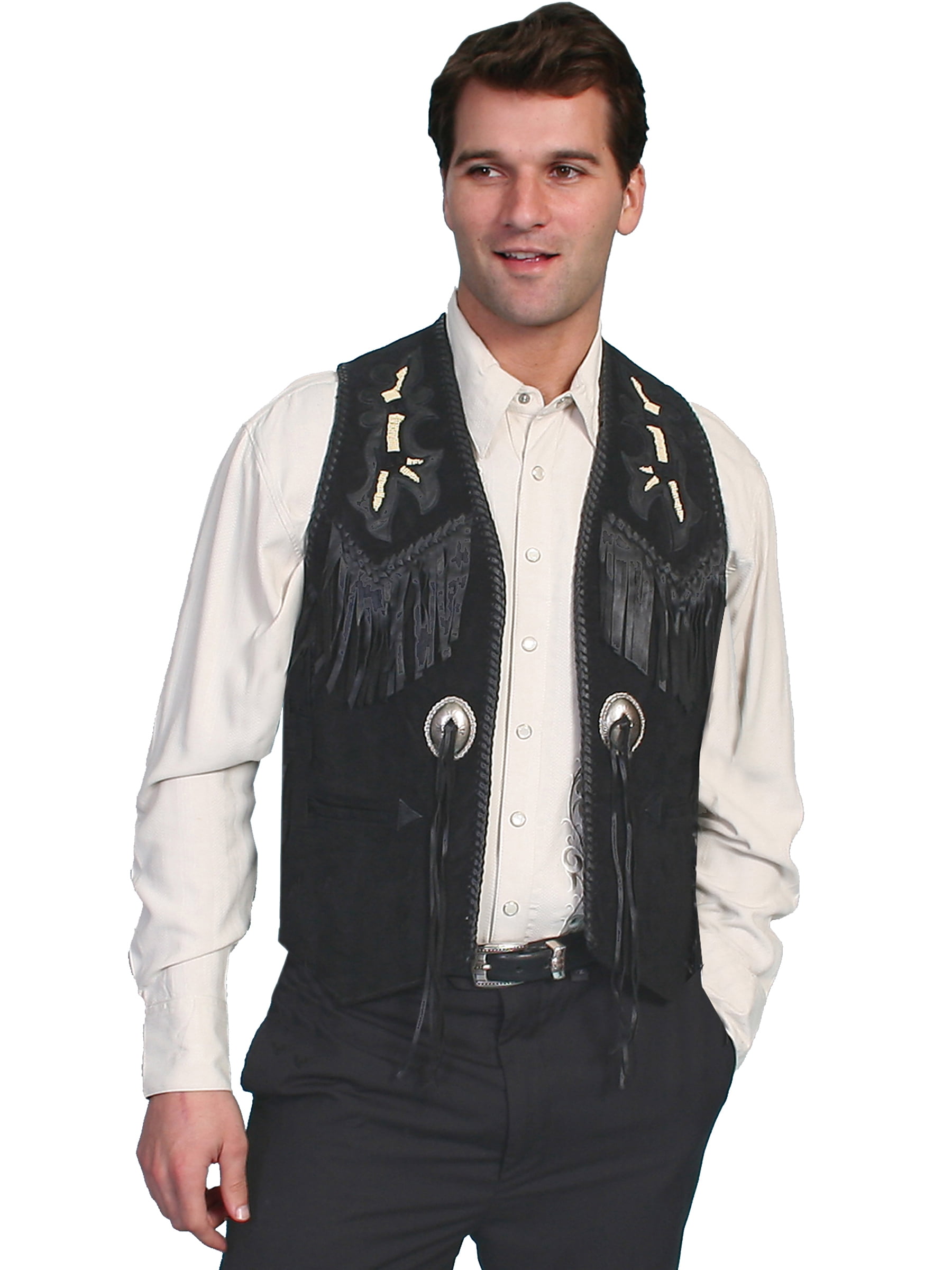Scully Western Vest Mens Leather Conchos Beading Fringe Onyx 75519