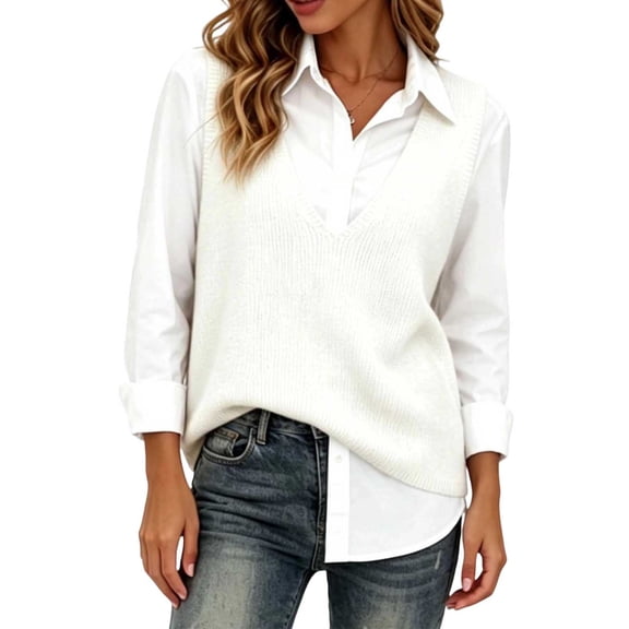 GZMOALH Women's Acrylic V Neck Sleeveless Sweater Vest, Relaxed Knit Pullover with Ribbed Neckline and Hem