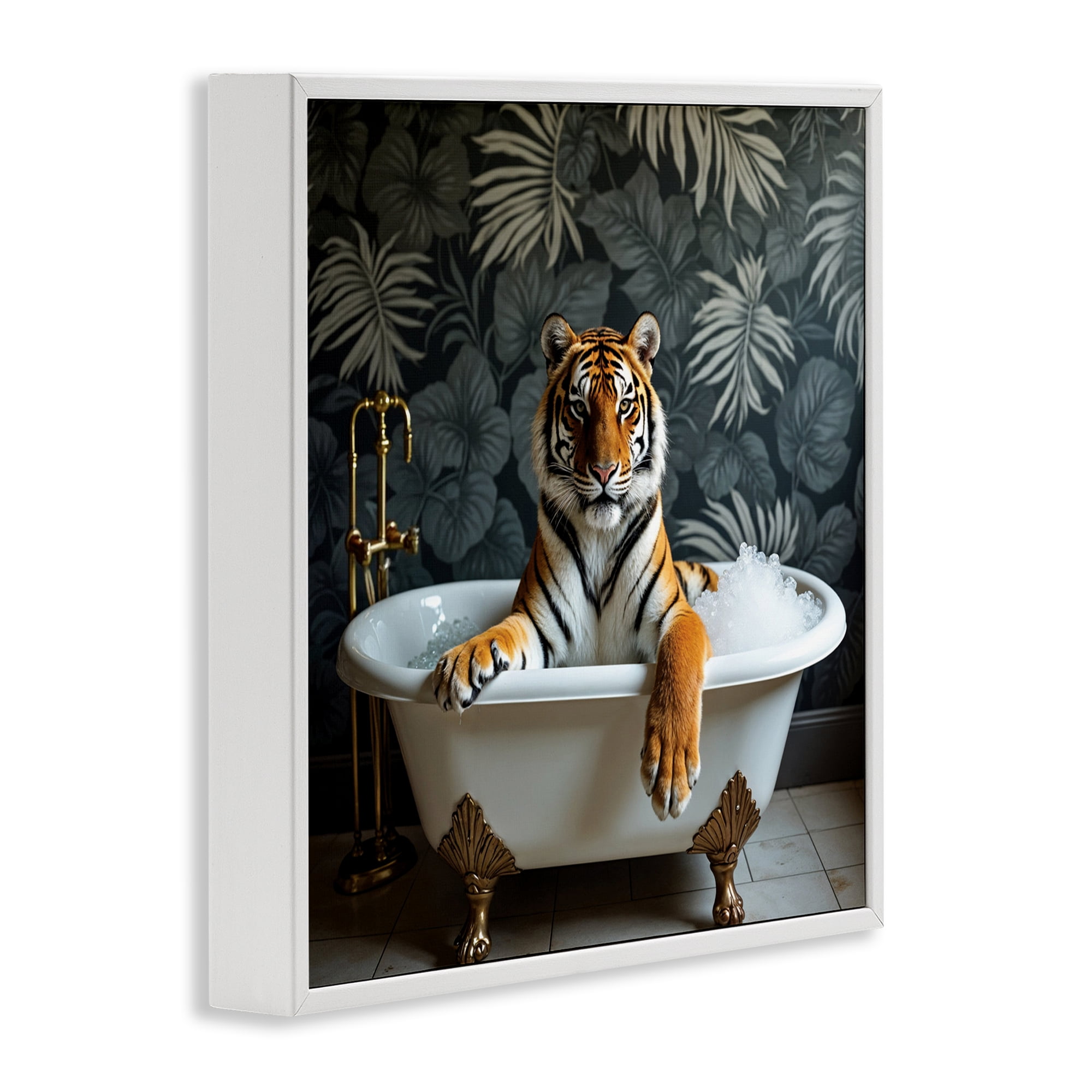 Tiger in Exotic Bubble Bath White Framed Giclee Art, design by Lettered and Lined