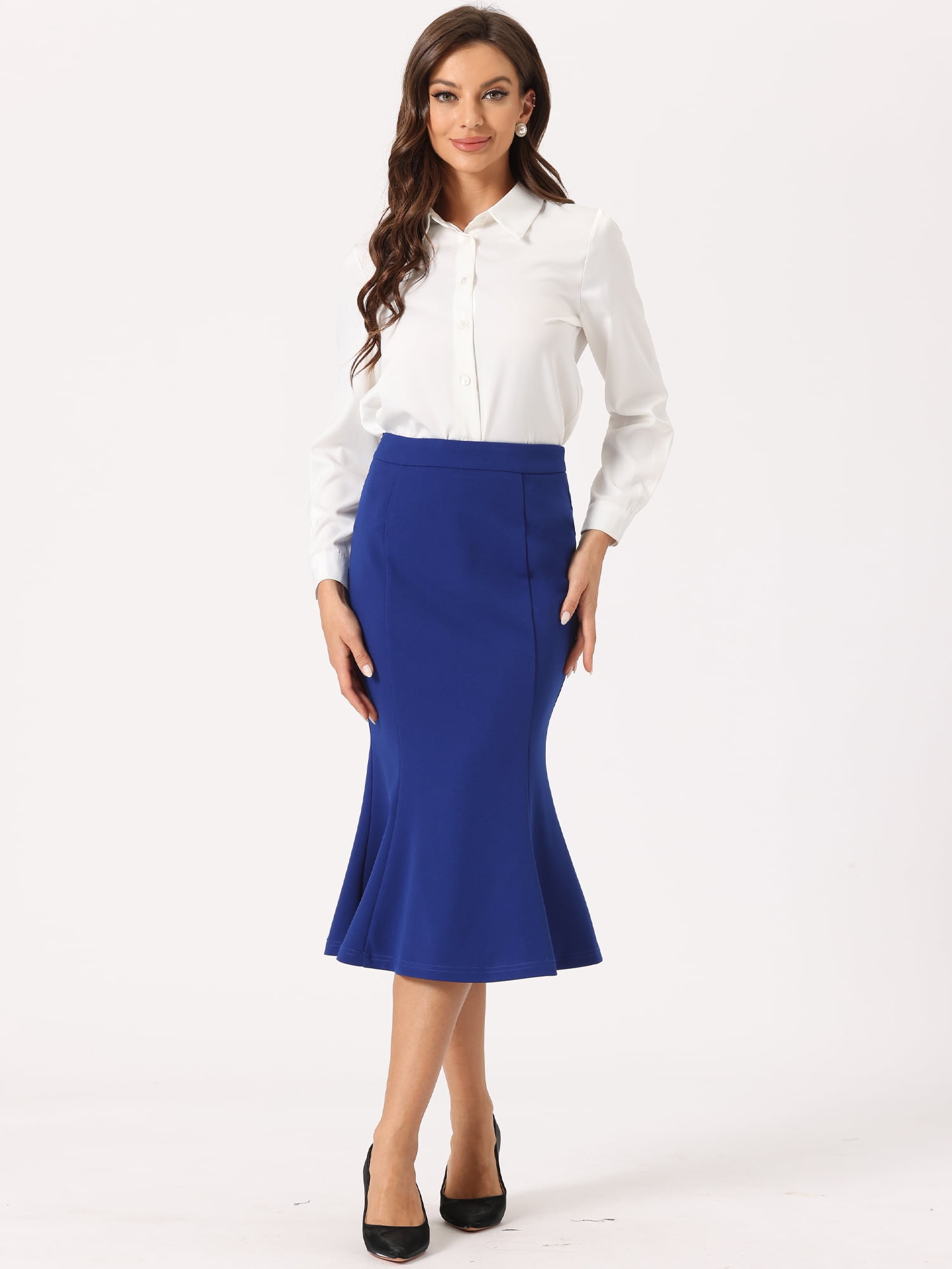 DARING DIVA Women's Bodycon High Waist Ruffle Hem Fishtail Midi Skirt L Royal Blue