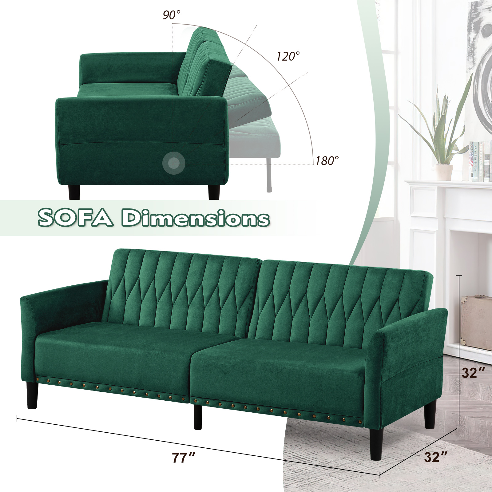 ACMEASE 77 Inches Velvet Sofa Bed w/Adjustable Backrests & Armrests, Tufted Sleeper Sofa Couch w/Nailhead Trim, Convertible Modern Recliner Loveseat for Living Room,Office, Green