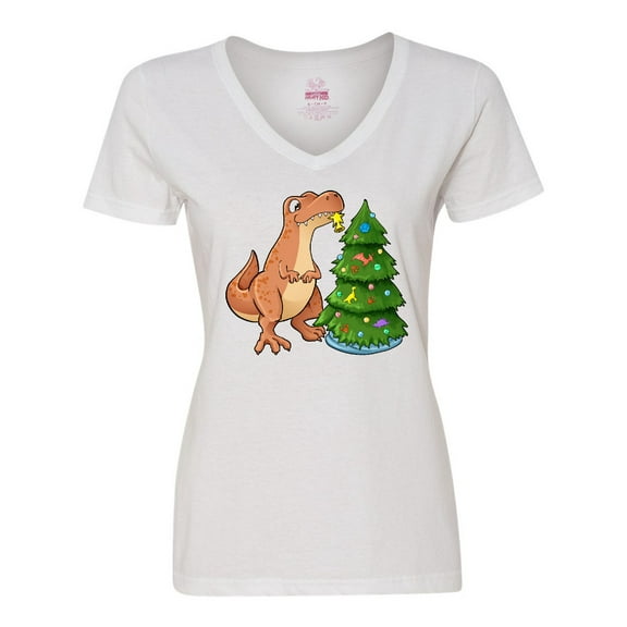 Inktastic Tyrannosaurus Rex Decorating Christmas Tree Women's V-Neck T-Shirt