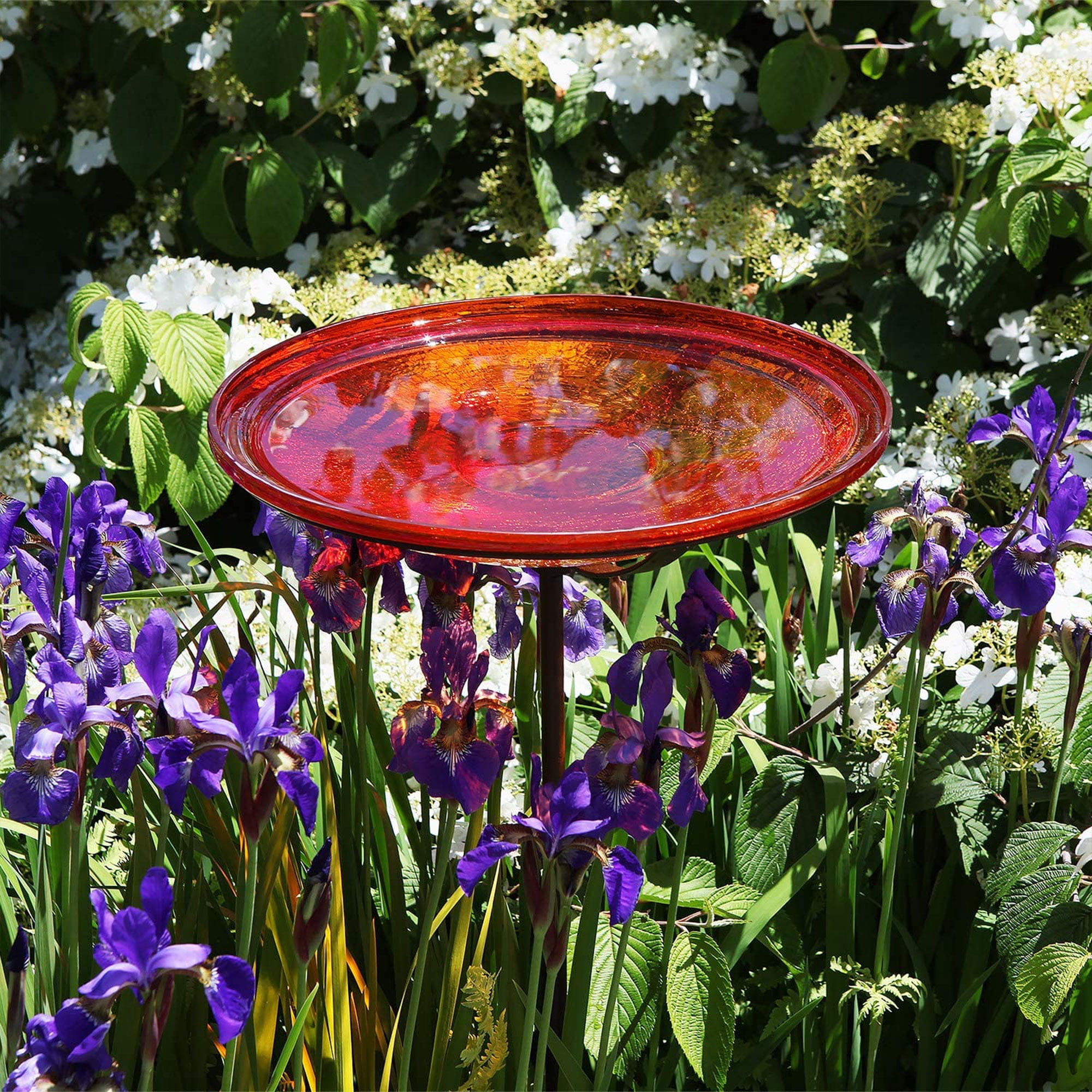 Achla Designs 14 In Hand Blown Crackle Glass Birdbath w/ Stake, Red