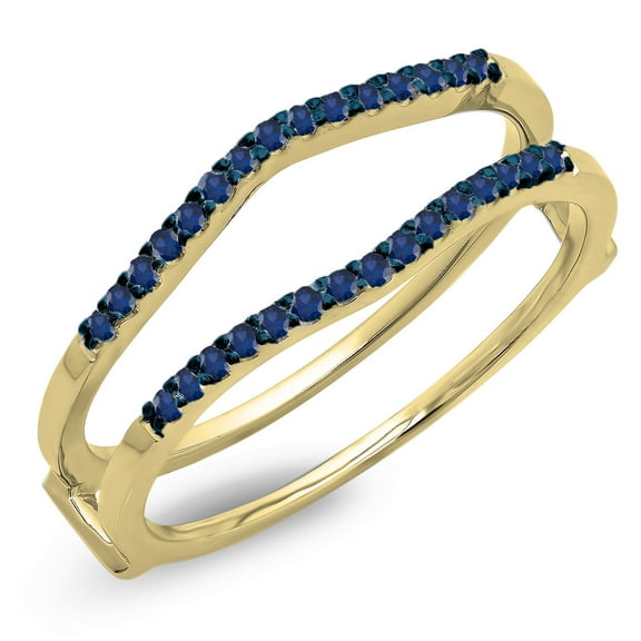 0.18 Carat (ctw) 18K Yellow Gold Round Blue Sapphire Ladies Anniversary Wedding Band Enhancer Guard Double Ring