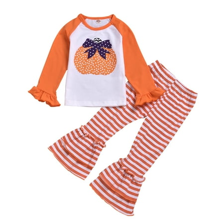 

Toddler Baby Girl Halloween Outfits Pumpkin Long Sleeve T Shirts Tops + Flare Long Pants Clothes Sets