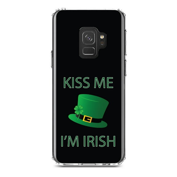 DistinctInk Clear Shockproof Hybrid Case for Samsung Galaxy S9 (5.8" Screen) - TPU Bumper, Acrylic Back, Tempered Glass Screen Protector - Black Green Kiss Me I'm Irish