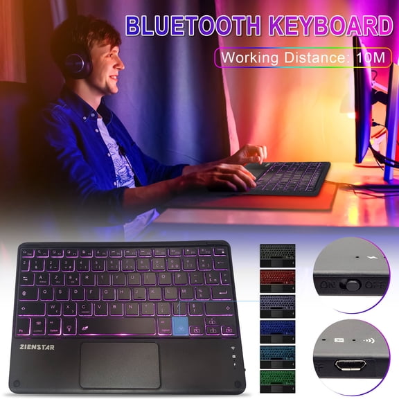 Universal Wireless Bluetooth Keyboard Multimedia French AZERTY Keyboard 6-LED Color Backlit With Multi-Touch Mechanical Keyboard, Compact Form Factor, Tactile Switch With Ergonomic Vertical feel