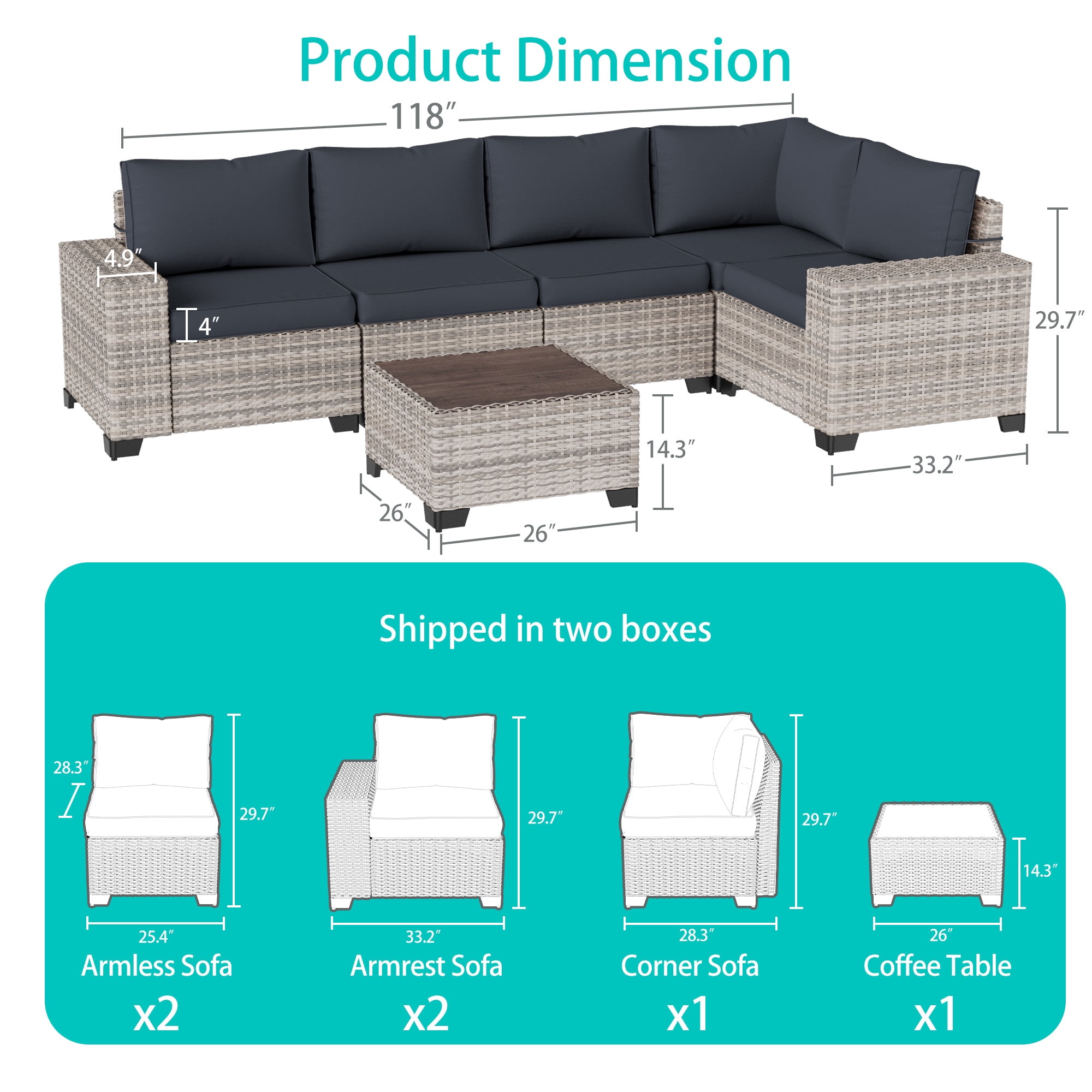 Sweecci 12 Piece Outdoor Patio Furniture Set, Ergonomic Wicker Patio Sectional Sofa with Stable Feet, 4" Cushions Conversation Set with Wood Table for Backyard Garden Deck,Dark Grey