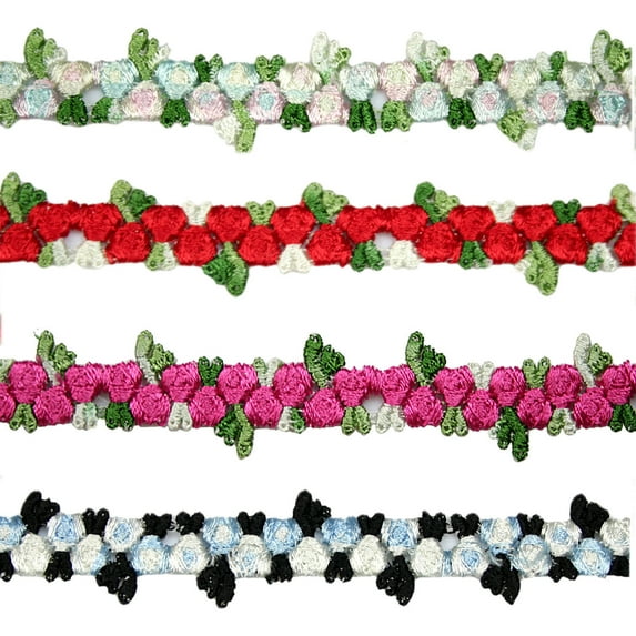 Kiddo 5/8" Red Blue Pink Black Small Rose Flowers Embroidered Floral Lace Trim
