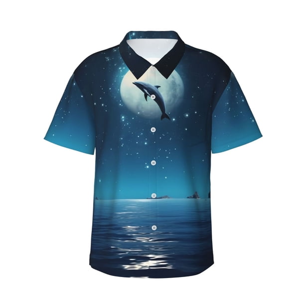 Balery Night Sky Moon Dolphin Camisas hawaianas de manga corta para hombre, camisas playeras de corte holgado, camisas de vacaciones con botones,Large