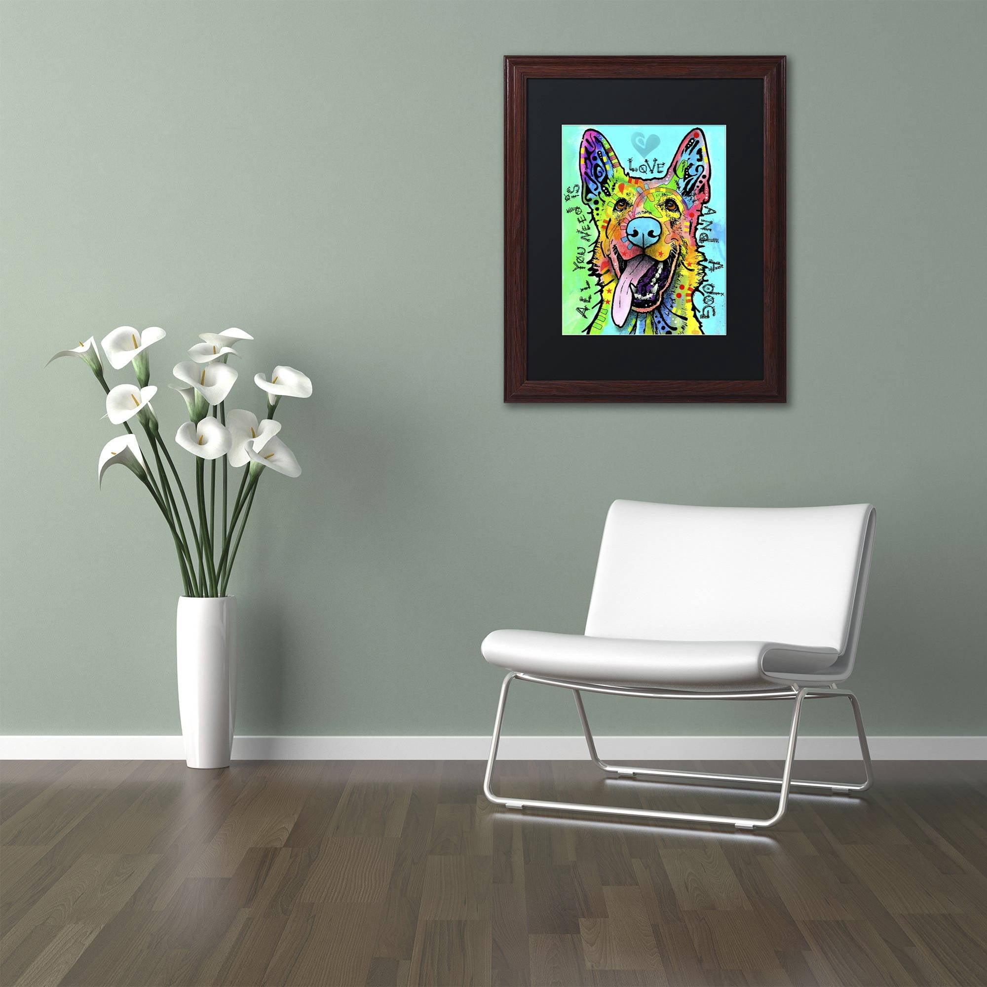 Trademark Fine Art 'Love And A Dog' Canvas Art by Dean Russo, Black Matte, Wood Frame