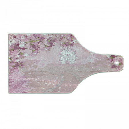 

Fantasy Cutting Board Medieval Castle Silhouette in the Middle of Flower Botany Fern Surreal Image Decorative Tempered Glass Cutting and Serving Board Wine Bottle Shape Pale Pink by Ambesonne
