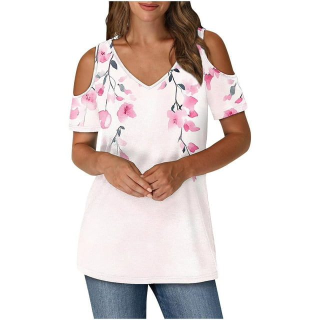 yoeyez T-Shirts à Manches Courtes pour Femmes Épaules Dénudées Col Rond Hauts Décontractés Mode Blouse à Imprimé Floral Hauts et Blouses pour Femmes Offres à Durée Limitée Rose P