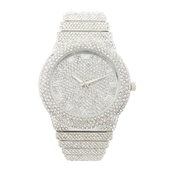 Luxury Iced Out Round watch or Bling-ed Out Baguette-Cut Rectangular Watch with Crystal Diamond watch Pave Design (ST10626 Silver)