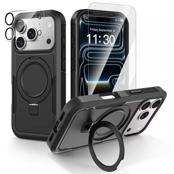 Dteck for iPhone 17 Pro Max Case with Screen Protector Camera Lens Cover, Compatible with MagSafe, Magnetic Kickstand Shockproof Rugged Protective Cover,Black