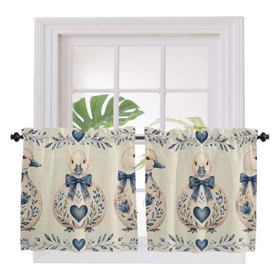 Duck 2 Panel Kitchen Curtains for Small Windows, Farmhouse Blue Bows Love Hearts Floral Leaves Vintage Bathroom Tier Curtain, Short Window Treatment for Bedroom/Living Room 55"x36"
