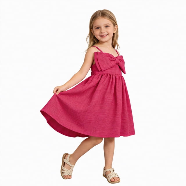 NIEWTR Robe Décontractée Tissée pour Tout-Petits et Bébés Filles, Fines Bretelles, Robe d'Été Fluide pour les Jours Chauds (Rose Vif, 5-6 Ans)