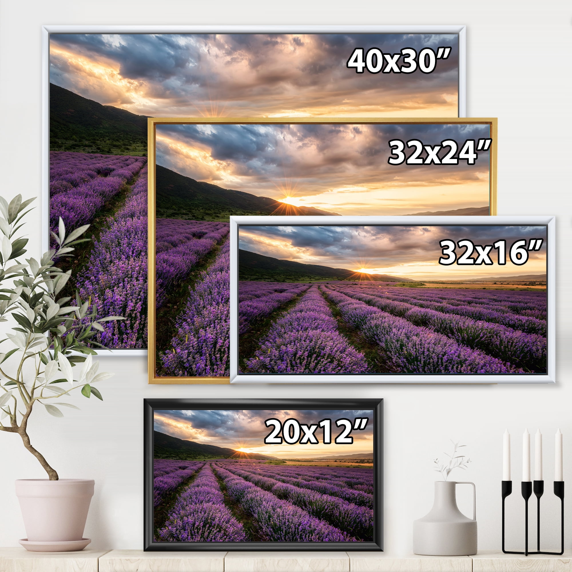 Designart 'Dramatic Clouds and Sunrise Over Lavender Field VI' Farmhouse Framed Canvas Wall Art Print