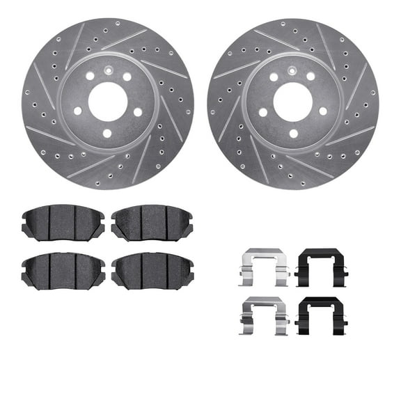 Dynamic Friction Company Front Brake Rotors-Drilled and Slotted-Silver with 5000 Advanced Brake Pads includes Hardware 7512-46039