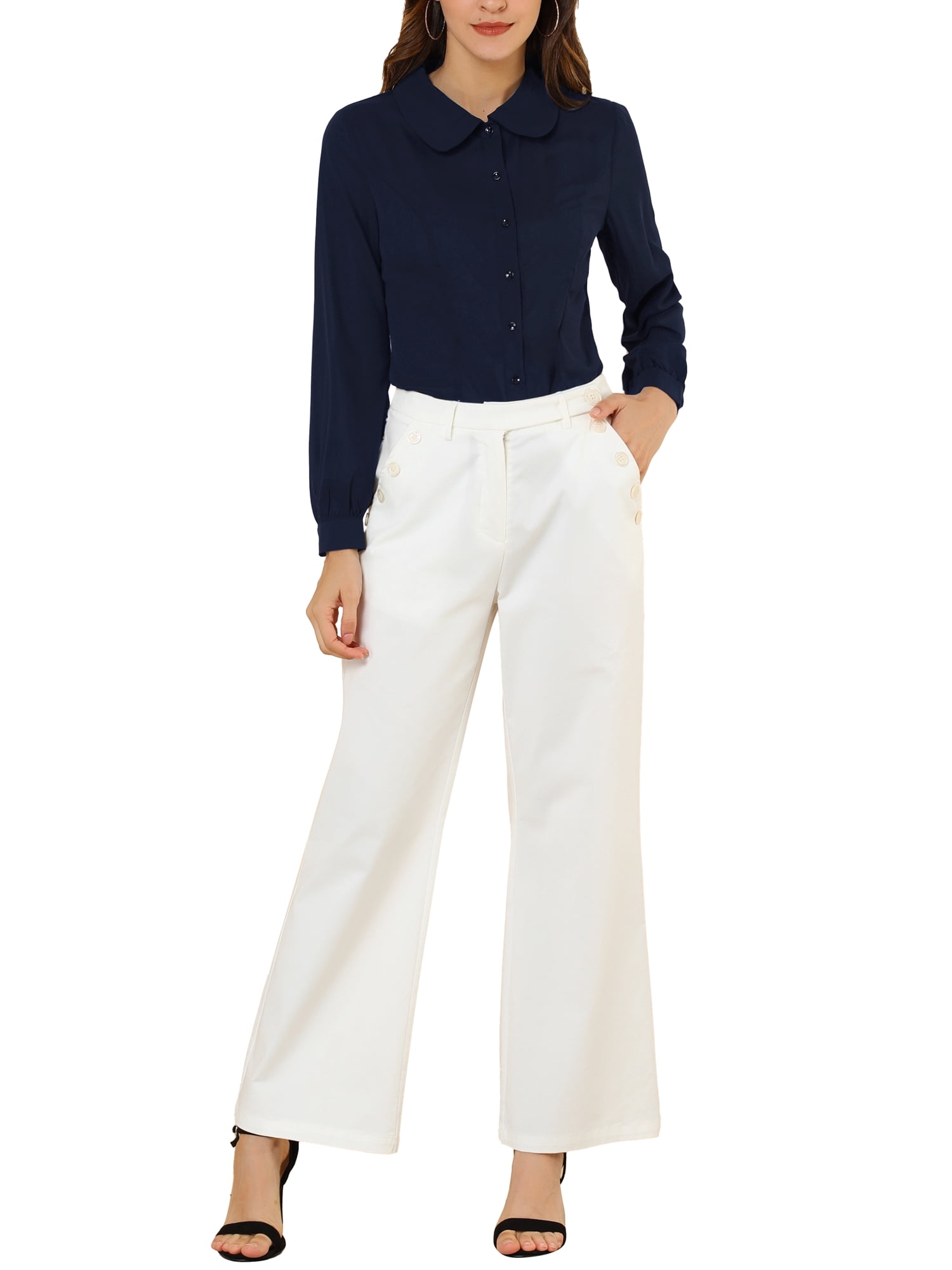 DARING DIVA Women's Peter Pan Collar Long Sleeve Work Office Shirt L Navy Blue