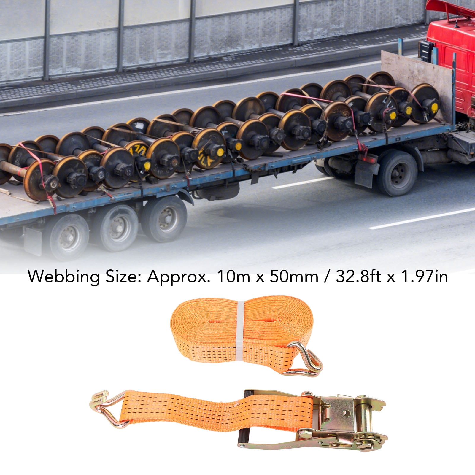 YAHHU 1 Set 2 Inch x 32.8 ft (10m) Heavy Duty Ratchet Tie Down Strap, Carbon Steel & Nylon, Orange Double J-Hook, 5511 lbs Working Load, 11023 lbs Breaking Load
