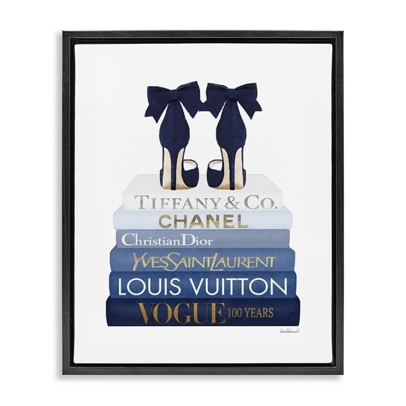 Stupell Industries Navy Blue Heels Chic Bookstack Beauty & Fashion Painting Black Floater Framed Canvas Art Print Wall Art, 17 x 21