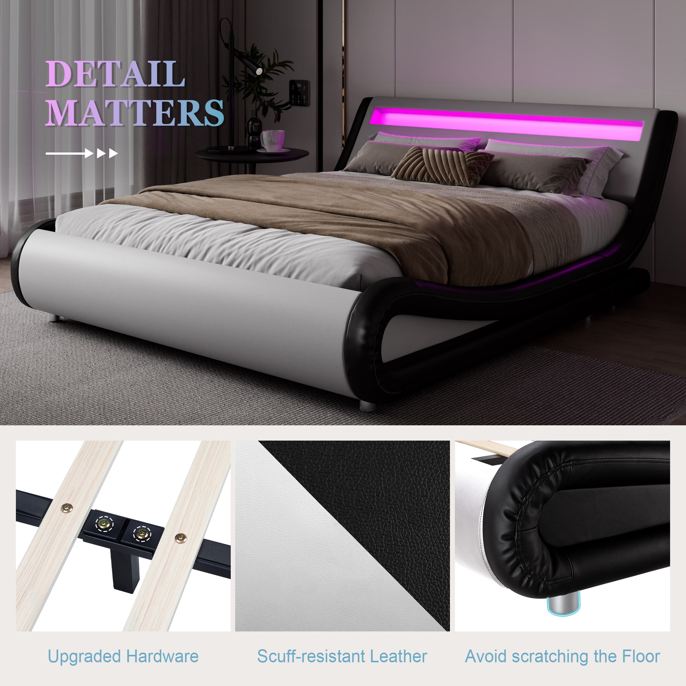Amolife King Size Wave-like Curve Deluxe Upholstered Modern Bed Frame with LED Headboard, Black+White