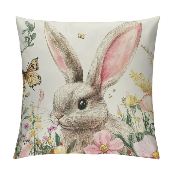 PRATYUS Spring Easter Pillow Covers Pink Flower Bunny Throw Pillow Covers Easter Floral Rabbit Outdoor Pillow Cases Cushion Covers for Couch Sofa Bedroom Easter Decorations 12x12in