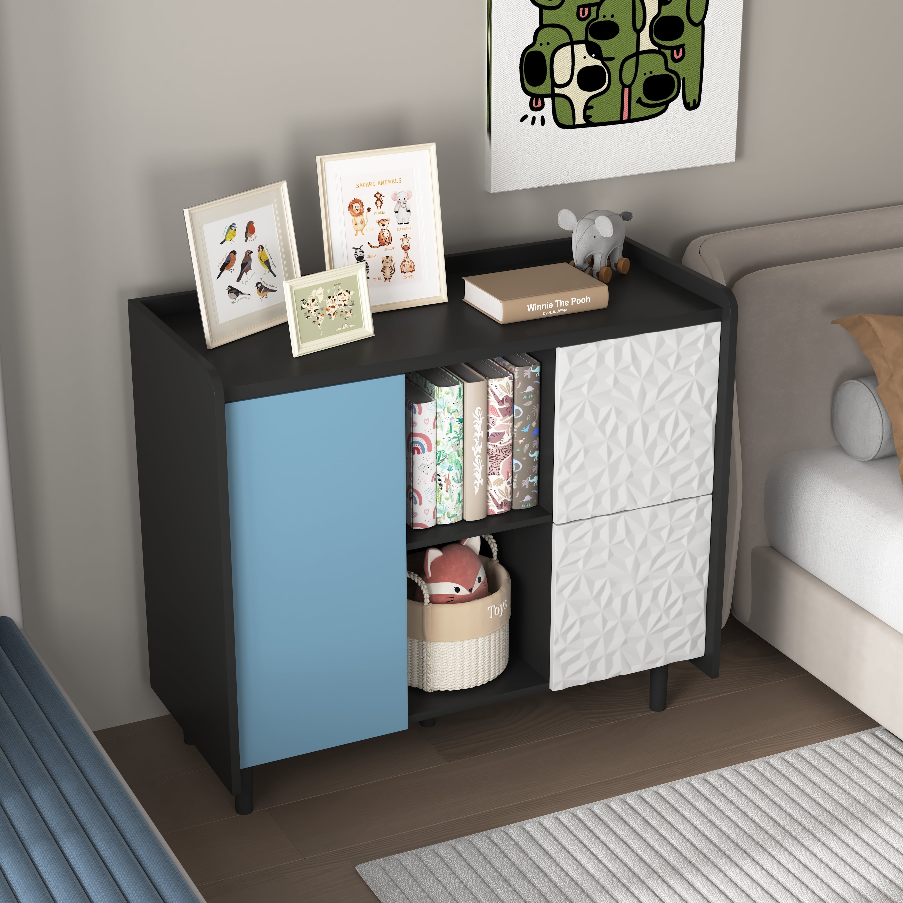 MAYEERTY Black Sideboard Buffet Cabinet with Red Doors, Drawers & Open Storage for Kitchen & Dining Room
