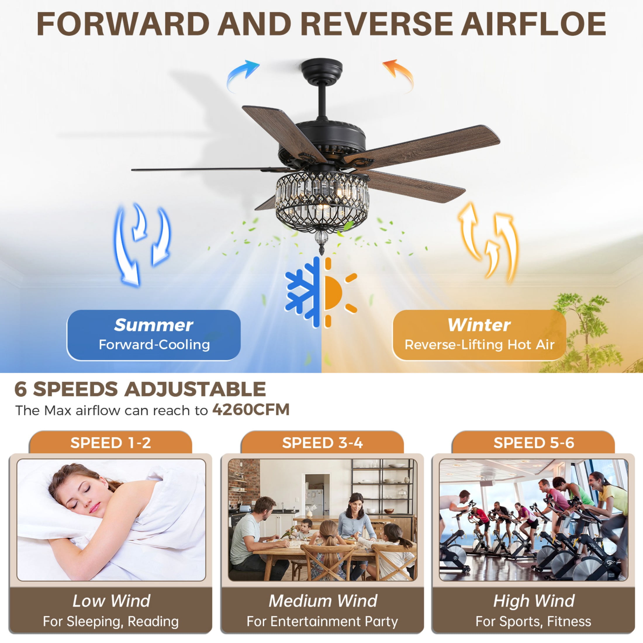 Sofucor 52-Light Chandelier Crystal Fan Light Indoor Ceiling Fan with Silent Reversible Motor