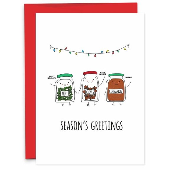 Season's Greetings Holiday Card – Cute Jar Characters with Mint, Cloves & Cinnamon – Blank Inside, Envelope Included – Perfect for Christmas Wishes & Festive Cheer