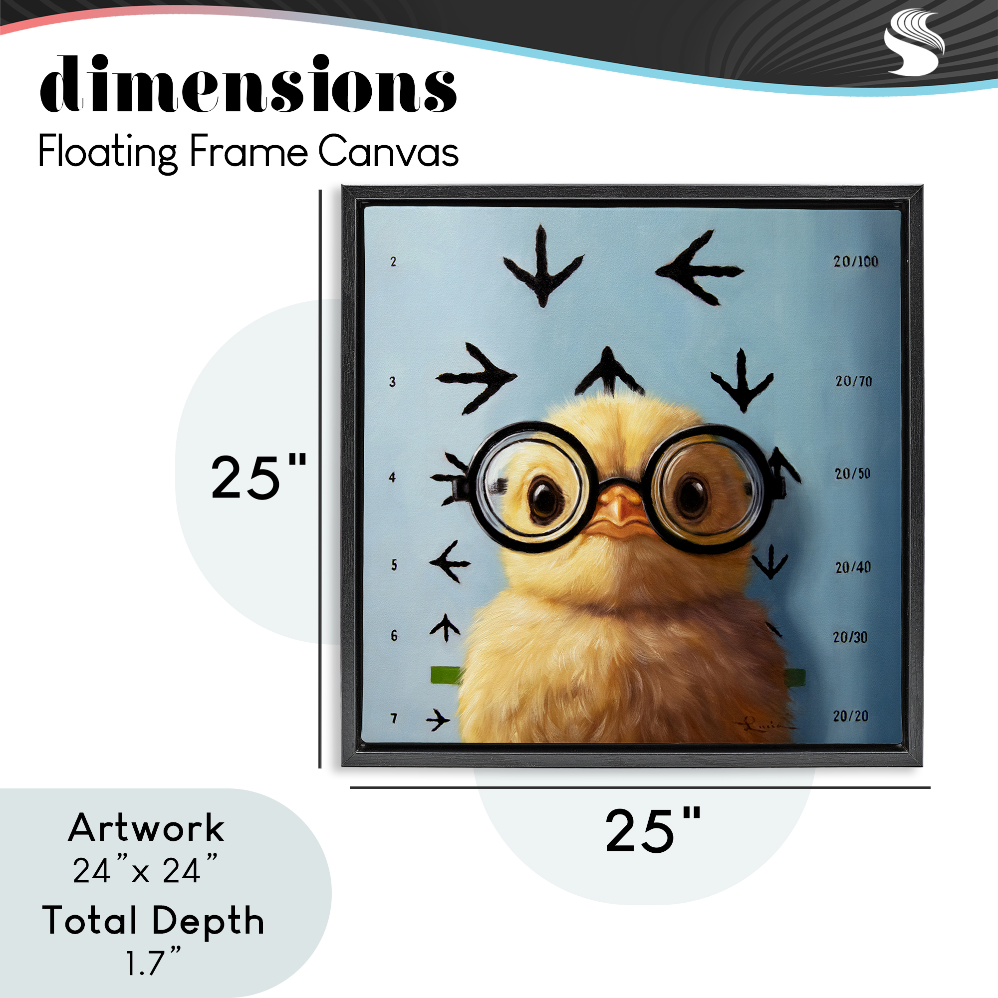 Four Eyes Chick Vision Black Framed Floater Canvas Wall Art, design by Lucia Heffernan