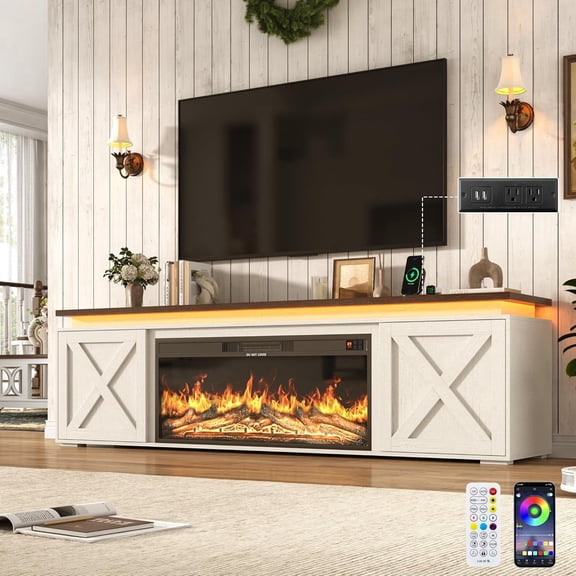 ANPOO 82.7" Fireplace TV Stand for TVs up to 95" with 40" Electric Fireplace, Large Farmhouse Entertainment Center with LED Light & Power Outlets and Sliding Barn Doors for Living Room, Bedroom