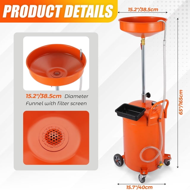 BeesClover 20 Gallon Oil Drain Tank, Portable Oil Drain Container with Adjustable Funnel Height 38"-65", Air Operated Drainage Fluid Fuel Transfer Drainage with 360° Wheels & Toolbox
