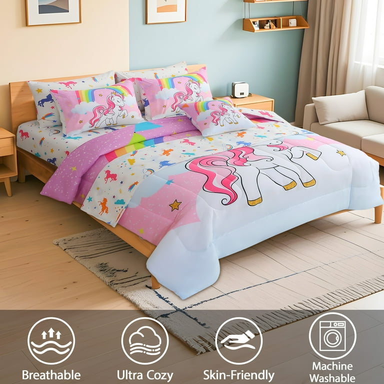 Pink Queen Size Unicorn Comforter Set OKKEEY Queen Size 8-Piece