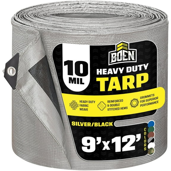 9 ft. x 12 ft. Heavy-Duty Commercial Silver/Black Tarp Cover 10 Mil Thick Weave Material, Waterproof