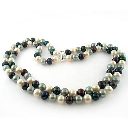 Dark Multi-Color Freshwater Pearl Necklace for Women, Sterling Silver 2 Row 17 & 18, 8mm x 9mm