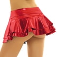 thumbnail image 2 of Kaerm Woman Metallic Wet look Liquid Nightclub Role Play Skater Skirt Pleated Ruffled Mini Skirt Red XXL, 2 of 7
