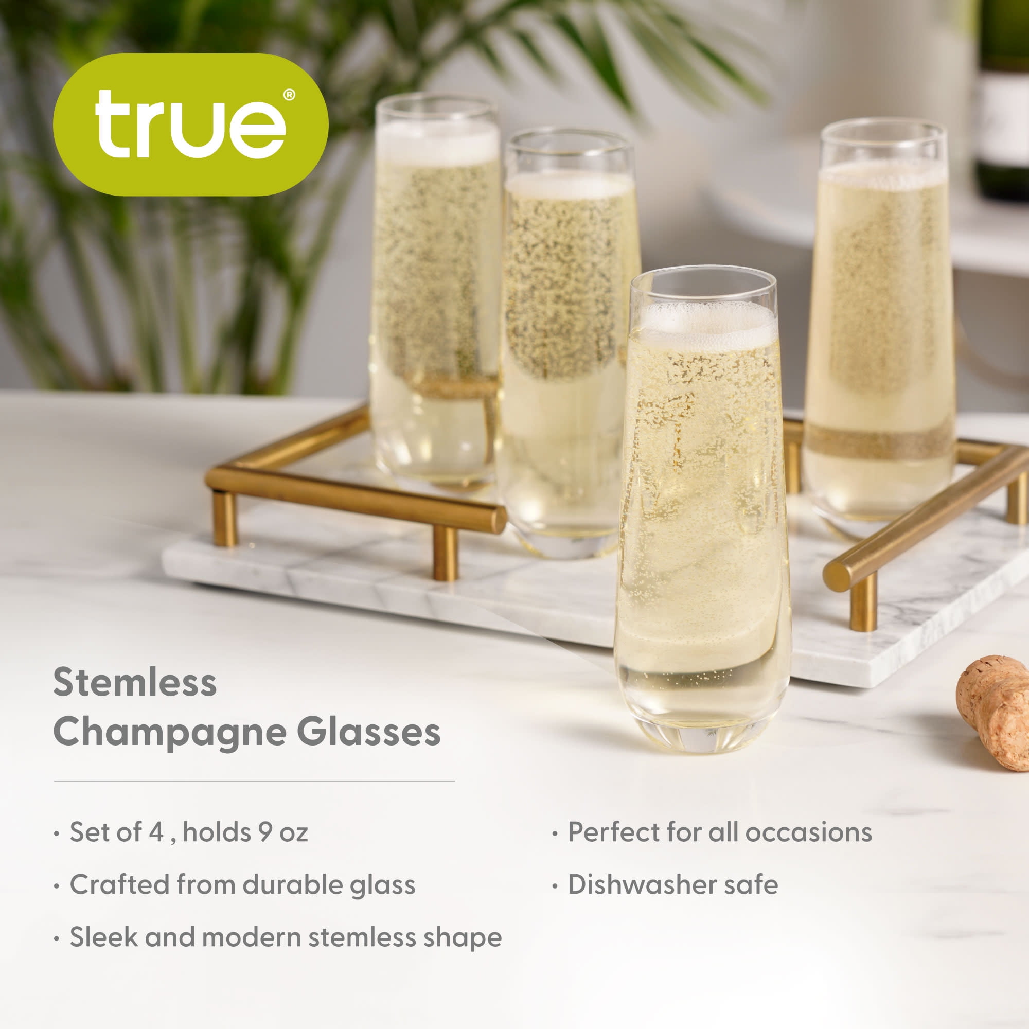 True Stemless Champagne Flutes for Birthday, Wedding Gifts, 9oz Set of 4
