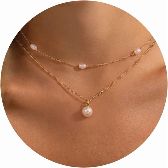 Simulated Pearl Necklaces for Women-14k Gold Plated Layered-Single Simulated Pearl Necklace Simple Simulated Pearl Choker Necklaces for Women Trendy Cute Gold Necklace Jewelry for Women Gifts