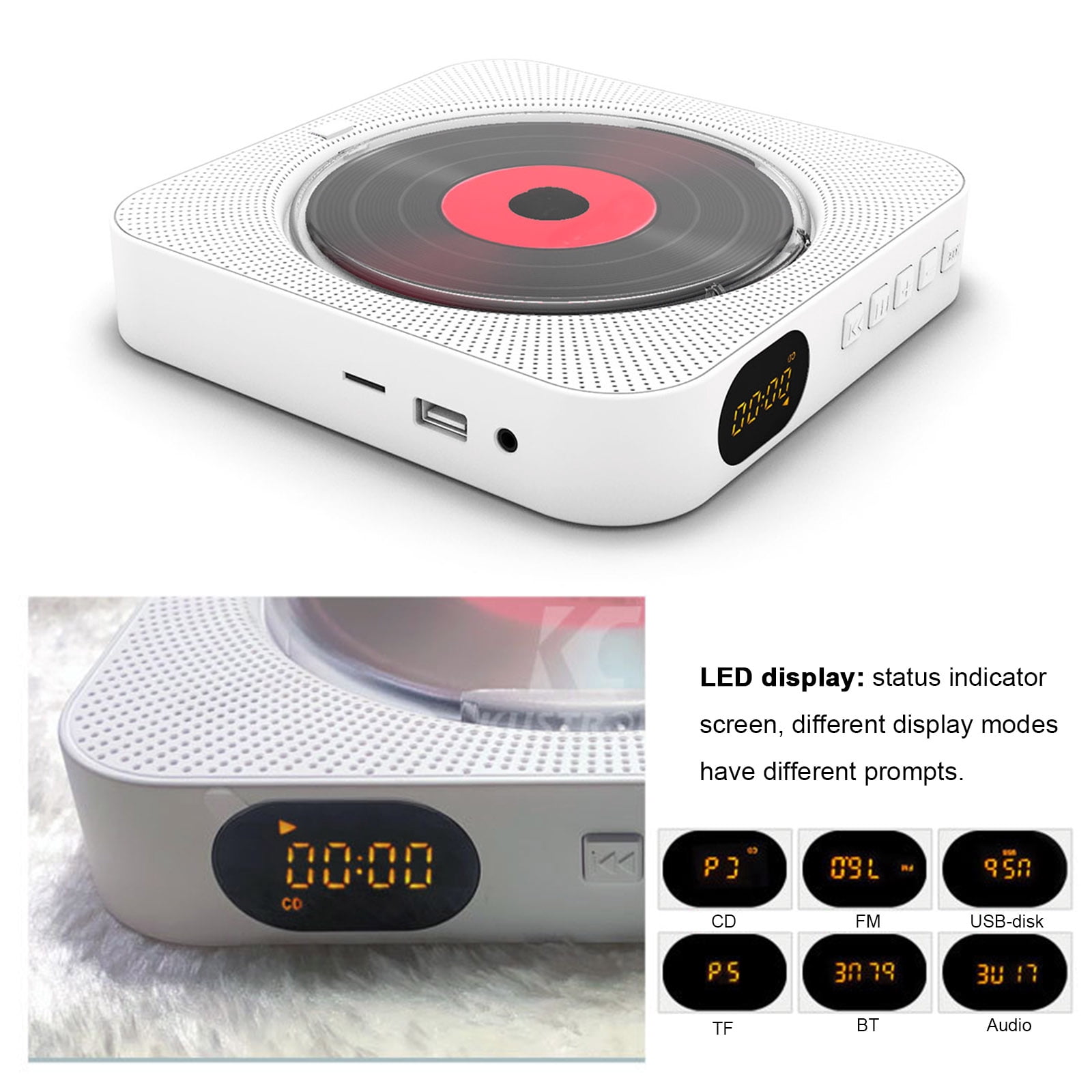 Music Portable CD Player Built In Speaker Stereo CD Players LED Screen Wall Mountable CD Music Player With IR Remote Control Supports CD/BT/FM/TF Card/AUX