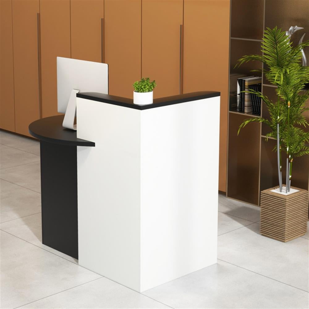 Demi Bonn Front Reception Office Desk with Open Shelf and Lockable Drawer, Small Home Computer Desk Study Writing Table, Black + White