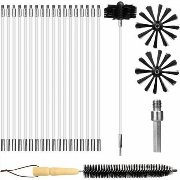 22 Pieces Chimney Cleaning Brush, Exhaust Duct Cleaning Set with 18 Rods 2 Brush Heads 1 Connector 1 Long Brush, Dryer Chimney Sweeping Kit